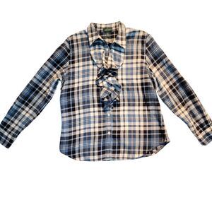 RALPH LAUREN Ruffle Front Plaid Button Up Flannel Shirt Womens L Derby Modest